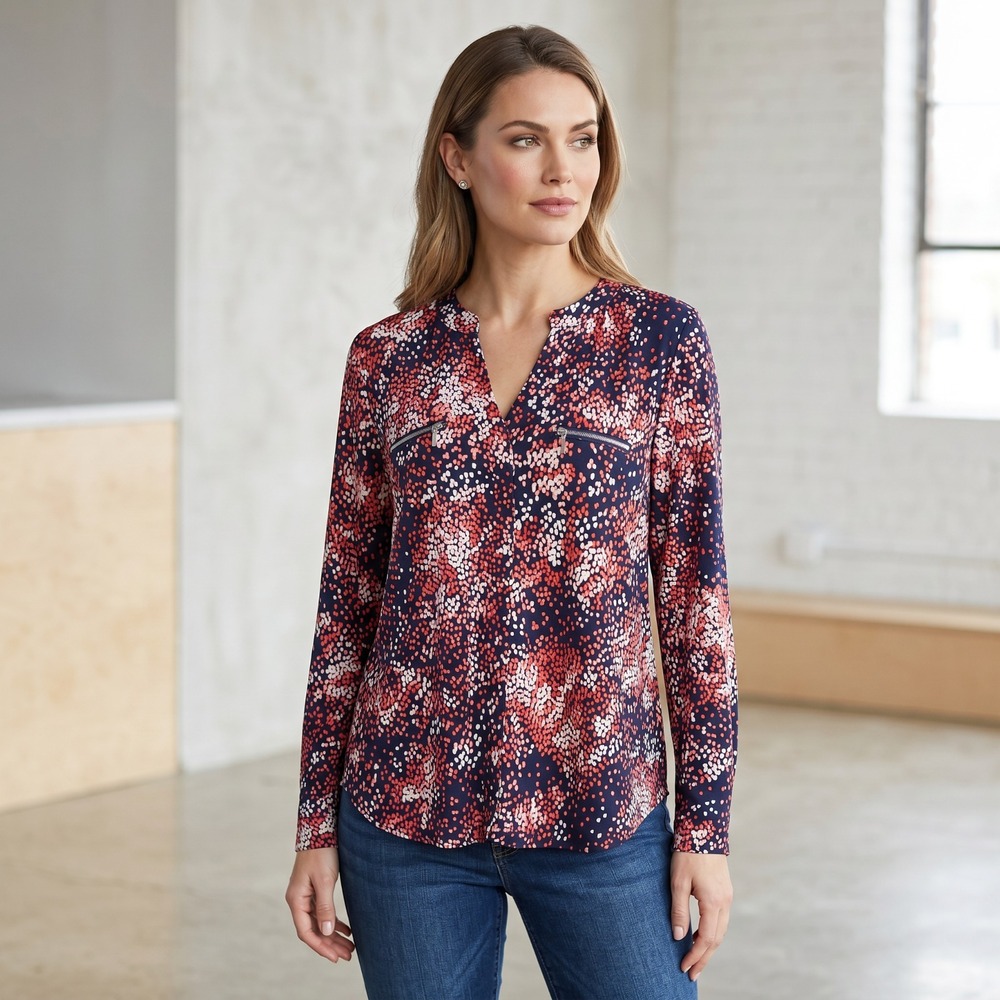 Zac Rachel Abstract Dot Split Neck Top LS‎ Navy Pink Office Siren Mod Retro L